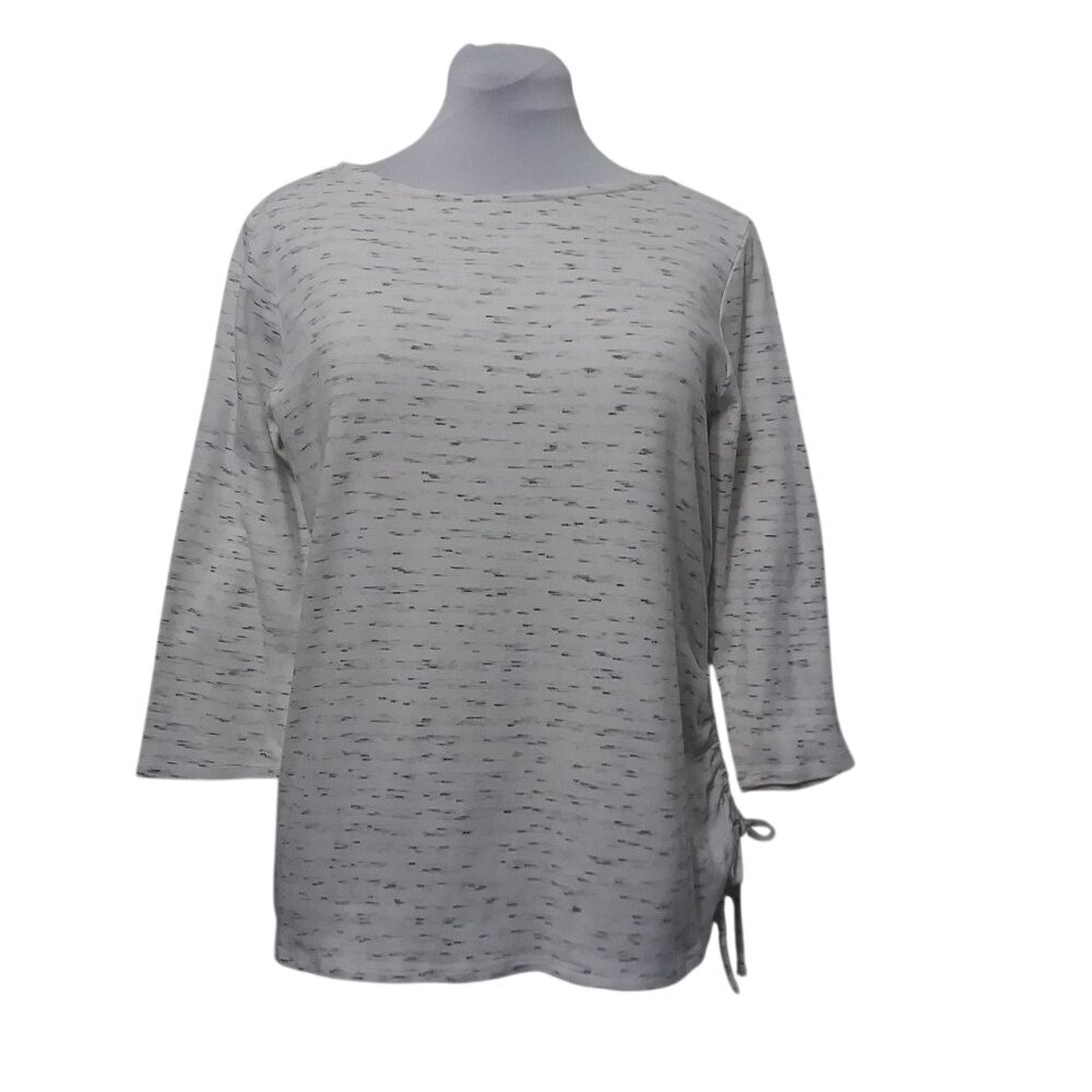 Womens Light Gray Space Dye Side Ruched 3/4 Sleeve Boat Neck Knit Top - Picture 2 of 12